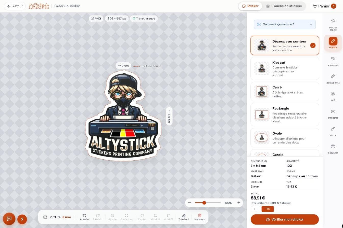 Éditeur Altystick : sticker détouré avec sa bordure, ses dimensions et le prix affiché en direct