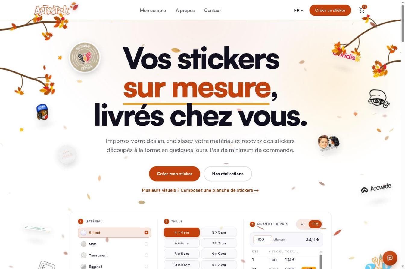 Page d'accueil d'Altystick : « Vos stickers sur mesure, livrés chez vous » et le choix du matériau, de la taille et de la quantité