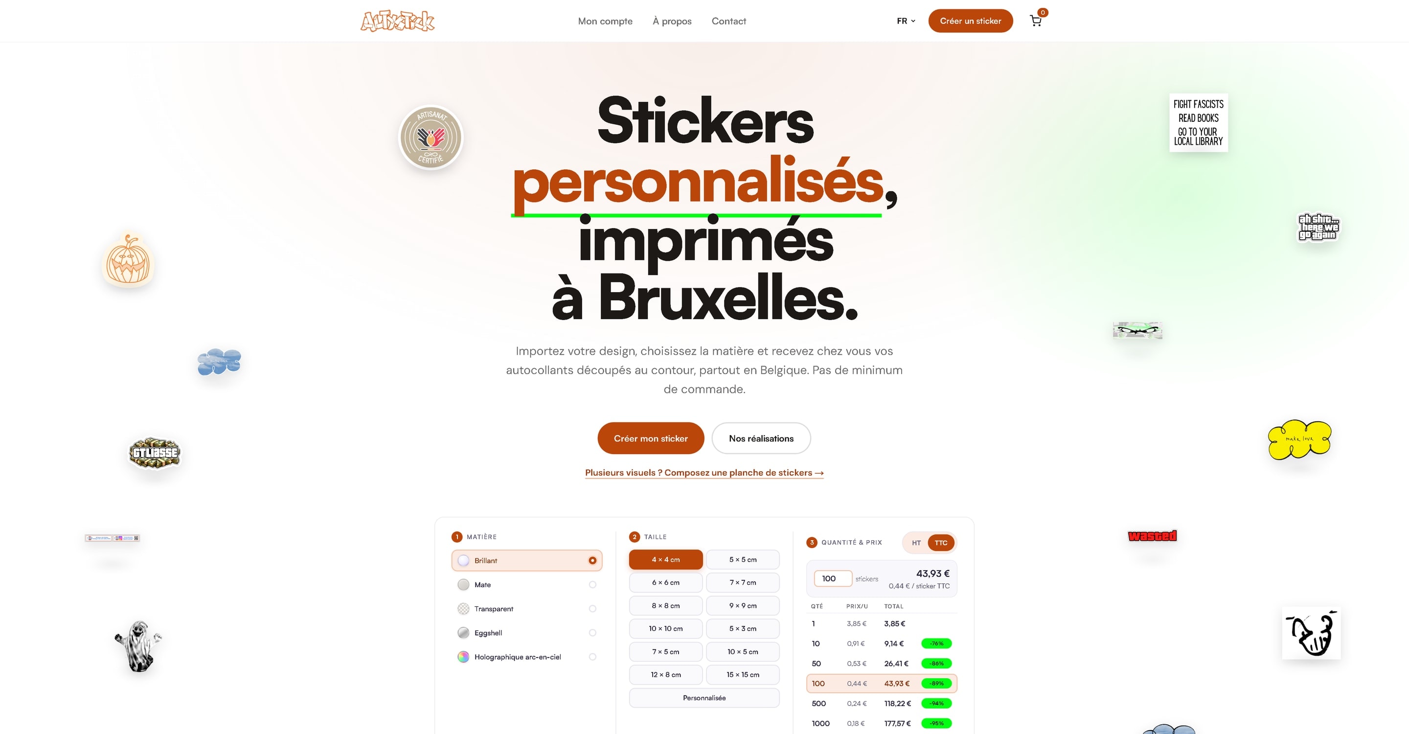 Page d'accueil d'Altystick : « Vos stickers sur mesure, livrés chez vous » et le choix du matériau, de la taille et de la quantité